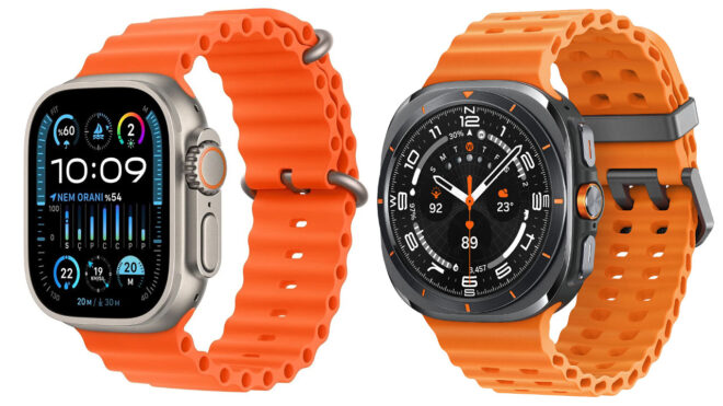 Solda Apple Watch ultra, sağda Galaxy Watch Ultra