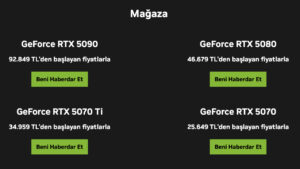Nvidia'nın resmi sitesinde RTX 5090, RTX 5080, RTX 5070 Ti ve RTX 5070 için referans olabilecek Türkiye fiyatları listelendi
