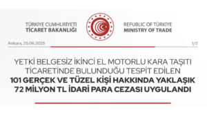 Ticaret Bakanlığı, yetki belgesiz ikinci el motorlu kara taşıtı ticaretinde bulunan 101 kişiye yaklaşık 72 Milyon TL idari para cezası uygulandı.