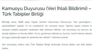 KVKK, "Türk Tabipler Birliği" ve "Biletal" için veri ihlal bildirimleri geçti