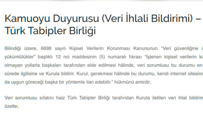 KVKK, "Türk Tabipler Birliği" ve "Biletal" için veri ihlal bildirimleri geçti