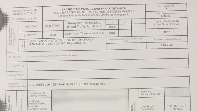 Audi A8 ile Ankara-Niğde Otoyolu'nda hız sınırını aşan Ulaştırma ve Altyapı Bakanı Abdulkadir Uraloğlu'na 9 bin 267 TL ceza uygulandı.