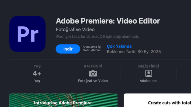 Adobe Premiere Pro için 30 Eylül'de iPhone ve iPad için uygulaması yayınlanacak.