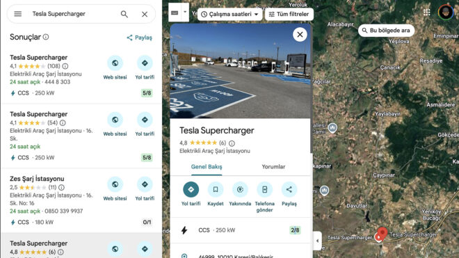 Google Haritalar, Tesla Supercharger'lar için gerçek zamanlı kullanılabilirlik verisi sunmaya başladı