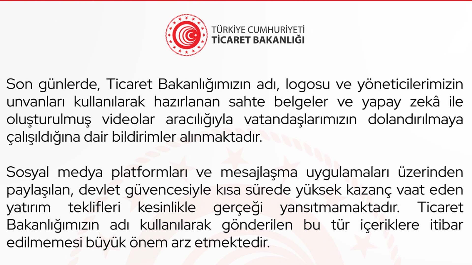 Ticaret Bakanlığı, “dolandırıcılık” uyarısında bulundu