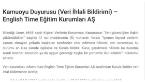 English Time için yaklaşık 300 bin kişiyi etkileyen veri ihlal bildirimi geçildi