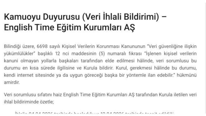 English Time için yaklaşık 300 bin kişiyi etkileyen veri ihlal bildirimi geçildi