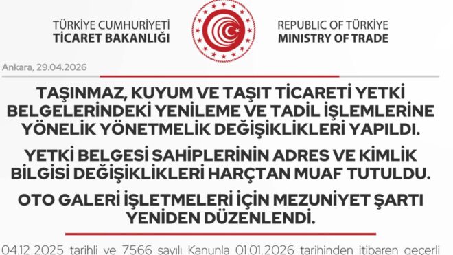 Ticaret Bakanlığı: “Oto galeri işletmeleri için mezuniyet şartı yeniden düzenlendi”