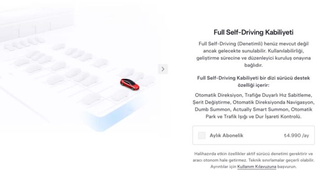 Tesla Türkiye, Full Self-Driving (FSD) paketinin aylık abonelik fiyatını açıkladı