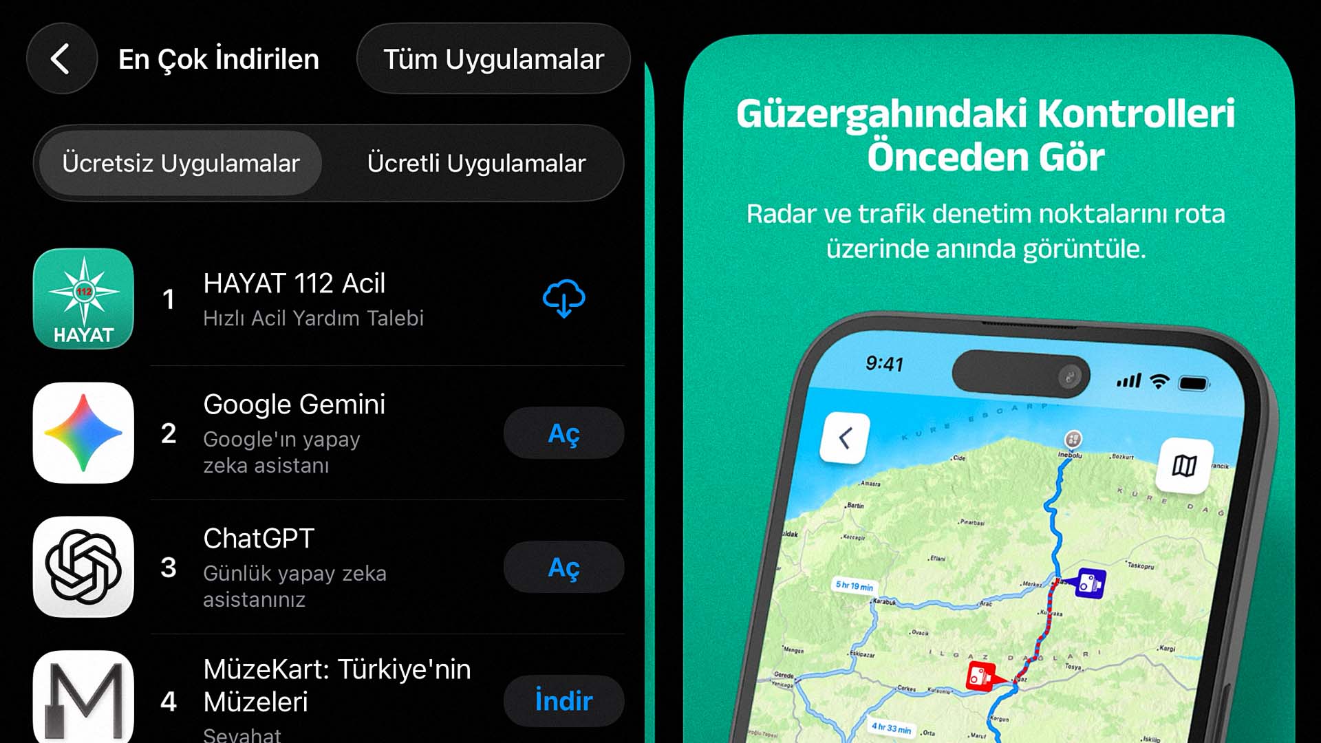 Resmi HAYAT 112 Acil uygulaması, radar ve trafik denetim noktalarını göstererek App Store ve Play Store'da en çok indirilen oldu