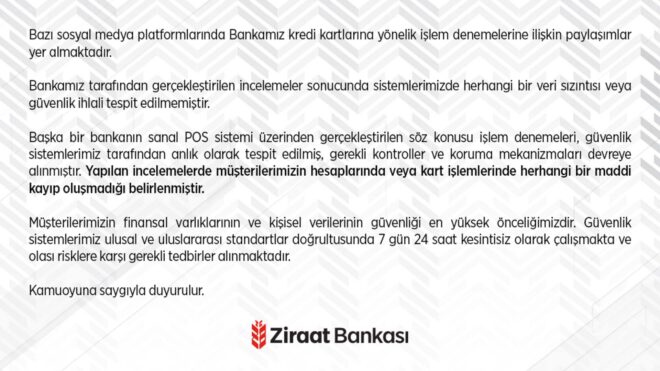 Ziraat Bankası, veri sızıntısı iddiaları hakkında açıklamada bulundu