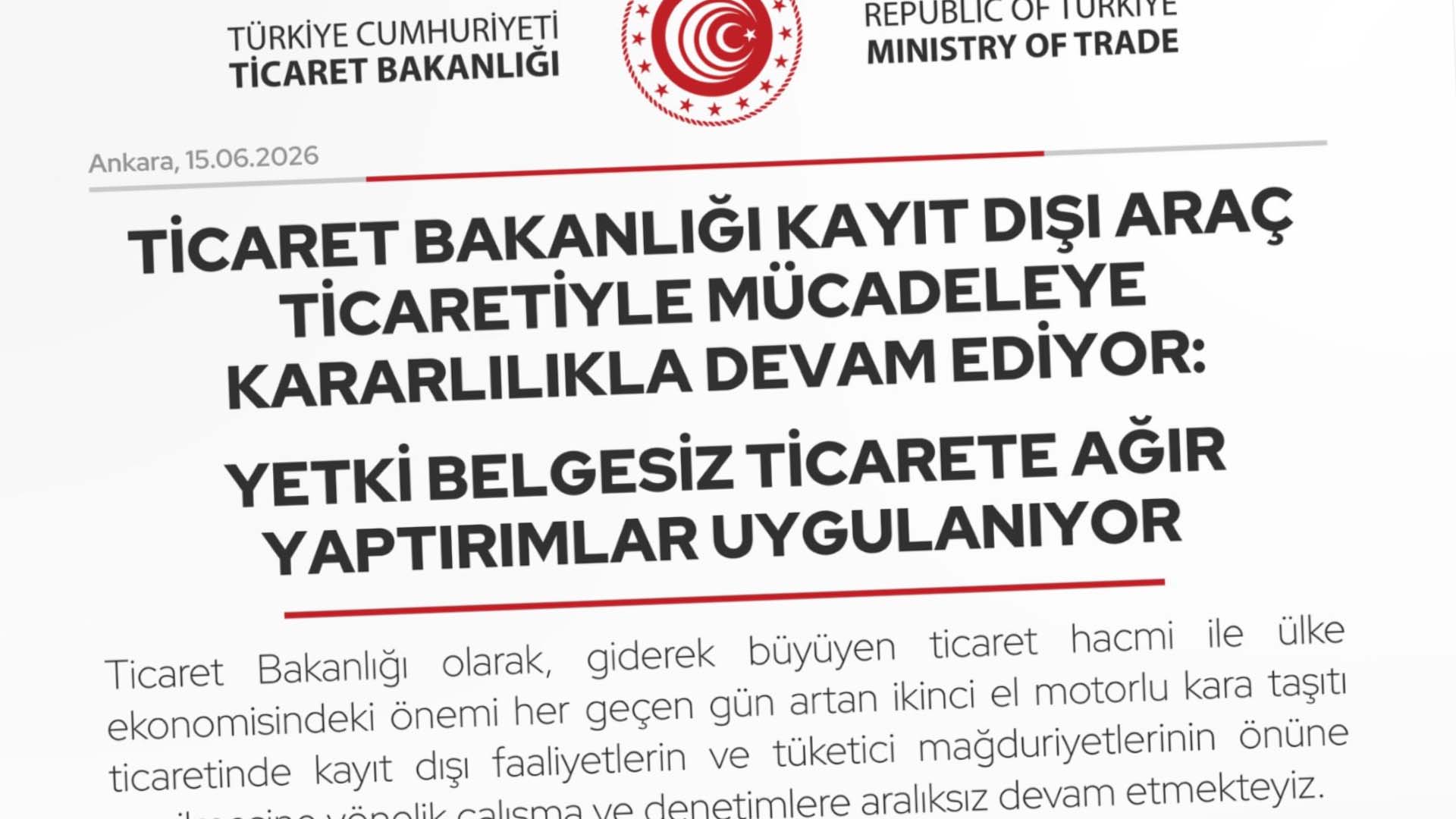 Ticaret Bakanlığı: Yetki belgesiz ikinci el araç ticareti yapanlara 305 milyon TL ceza
