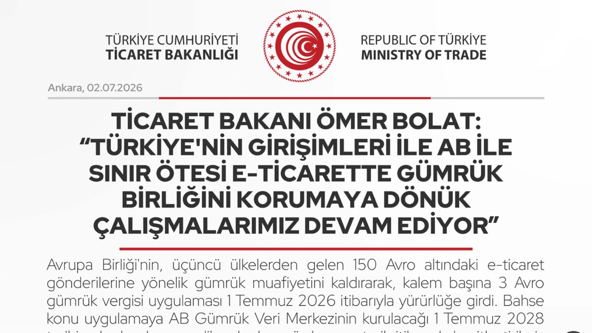 Ticaret Bakanı, AB'nin 3 Avro gümrük vergisi uygulamasını açıkladı