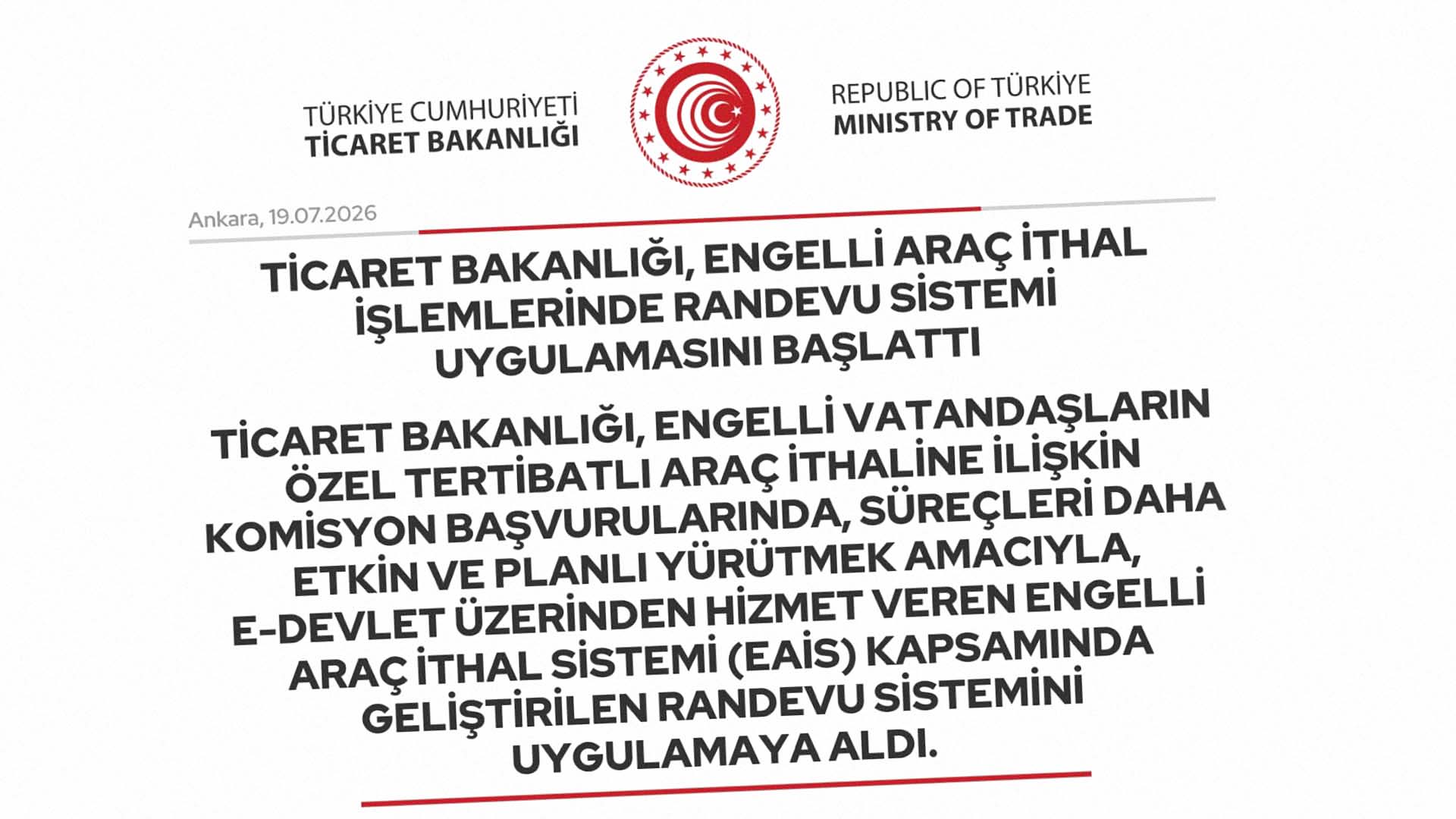 Ticaret Bakanlığı engelli araç ithalatı için randevu sistemi başlatıyor