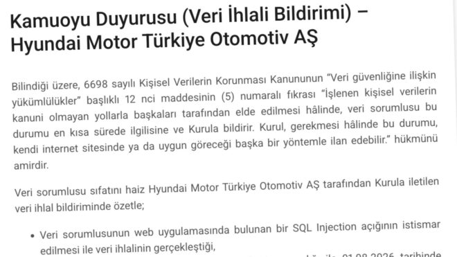 KVKK, Hyundai Motor Türkiye için veri ihlal bildirimi geçti